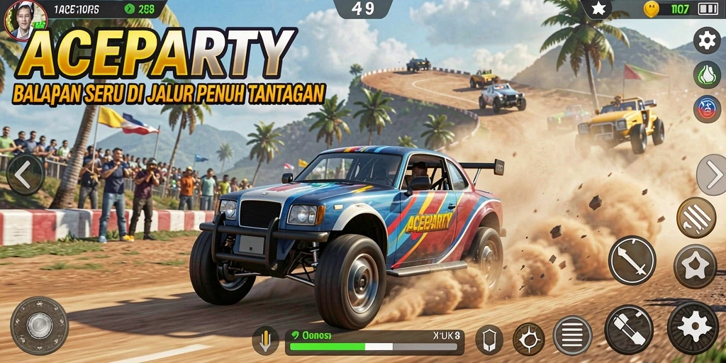 Screenshot ACEPARTY menampilkan balapan mendebarkan di lintasan kota.