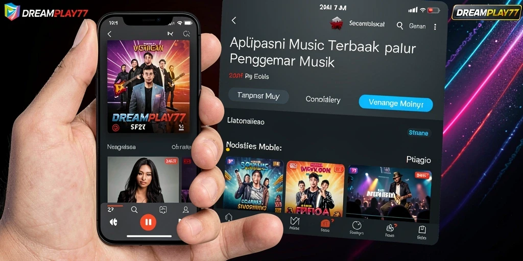 Tampilan gameplay interaktif dari aplikasi DREAMPLAY77 yang penuh musik.