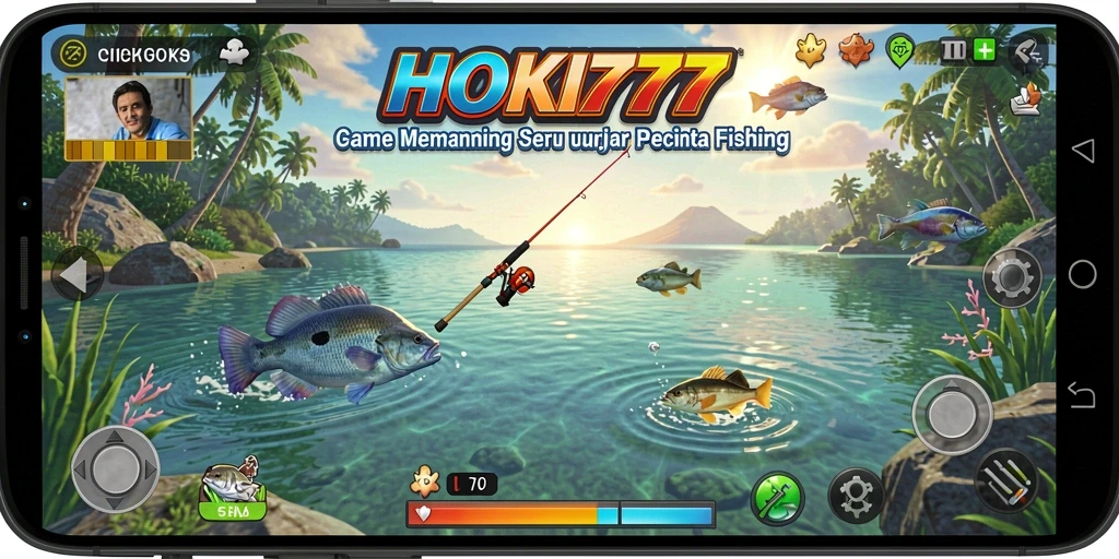 Screenshot gameplay HOKI777 menampilkan pemancing yang beraksi di lokasi indah.
