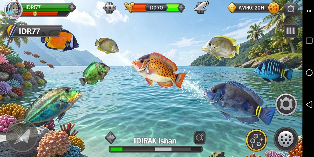 Tampilan gameplay seru di IDR77 saat memburu ikan.
