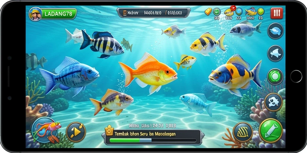 Tampilan gameplay seru dalam LADANG78, menangkap berbagai ikan.
