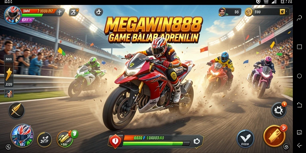 Screenshot gameplay MEGAWIN888 dengan aksi balapan yang mendebarkan.