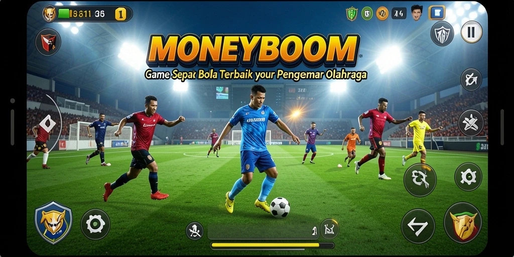 Tampilan gameplay <strong>MONEYBOOM</strong> dengan aksi sepak bola yang mendebarkan.
