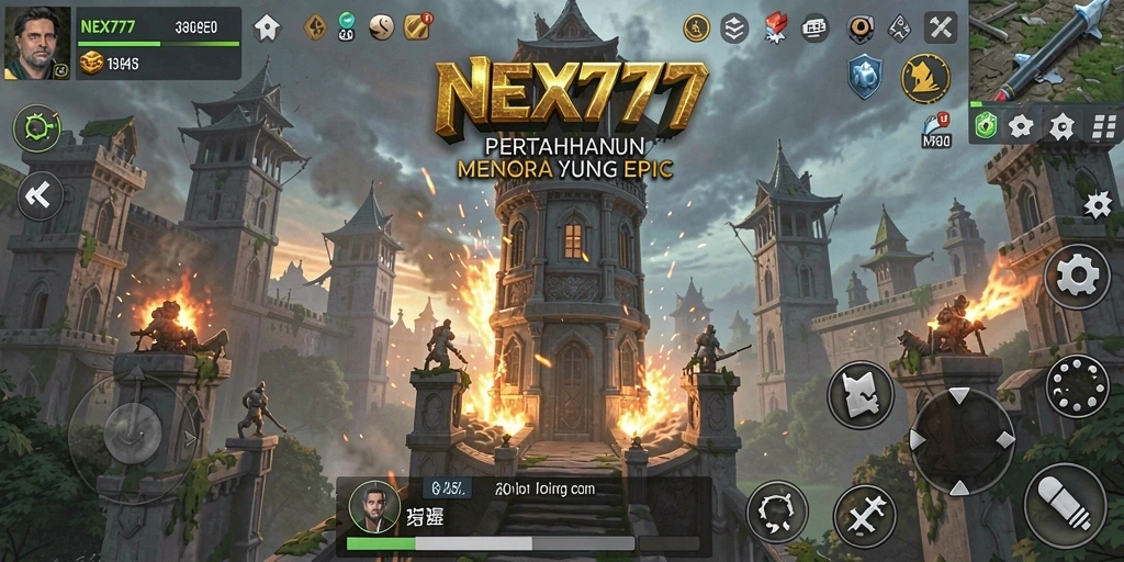 Screenshot gameplay NEX777 menampilkan pertempuran menegangkan di menara pertahanan.