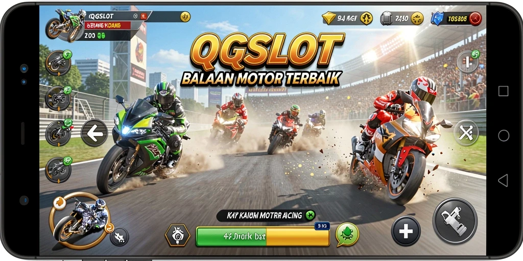 Screenshot QQSLOT menampilkan aksi balapan motor yang mendebarkan.