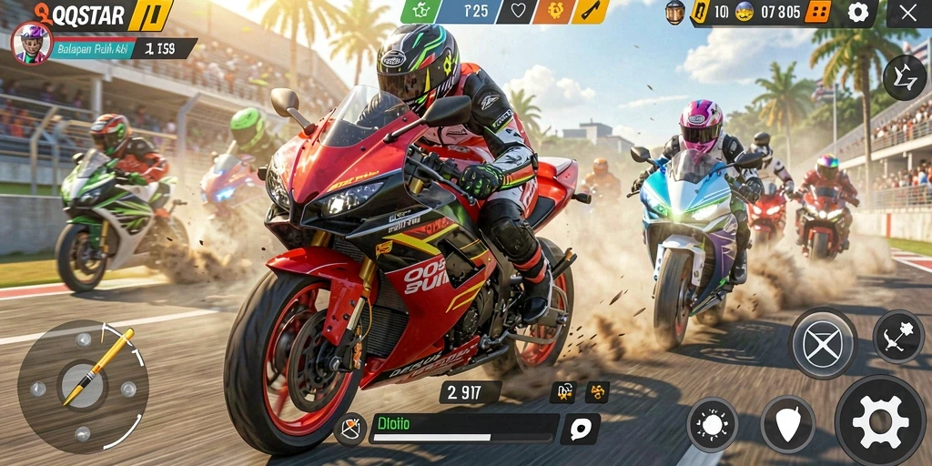 Tampilan gameplay QQSTAR dengan aksi balapan motor yang mendebarkan.