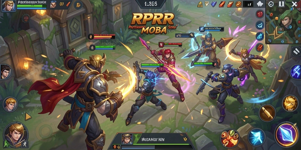 Screenshot menunjukkan pertarungan seru di game MOBA RPRR.