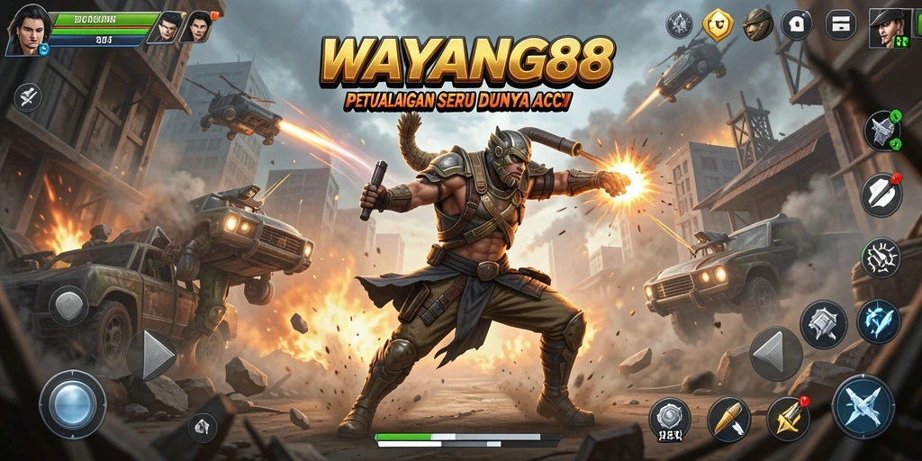 Tampilan gameplay action menegangkan di WAYANG88 dengan karakter unik.
